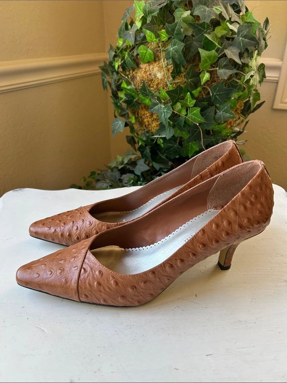 Bella Vita Tan Ostrich-Textured Leather Slip On Pointed Toe Low Heel Pumps